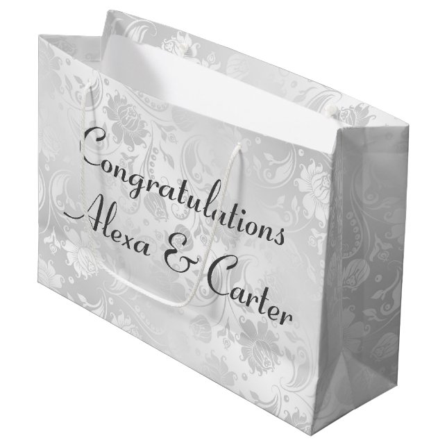 Wedding White Satin Damask With Names Large Gift Bag (Front Angled)