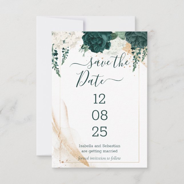 Wedding White Save the Date Emerald Green (Front)