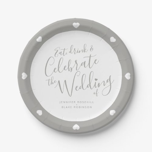 Wedding white script and gray hearts paper plates