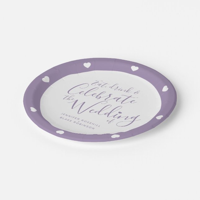 Wedding white script and purple heart paper plates (Angled)
