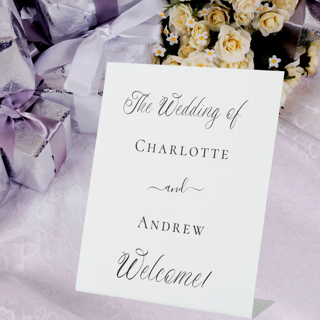 Wedding white script modern welcome pedestal sign | Zazzle