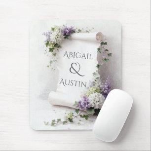 Wedding White Scroll with Hydrangeas and Lilacs Mouse Pad