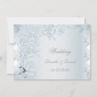 Wedding White Silver Blue Roses Snowflakes Invitation
