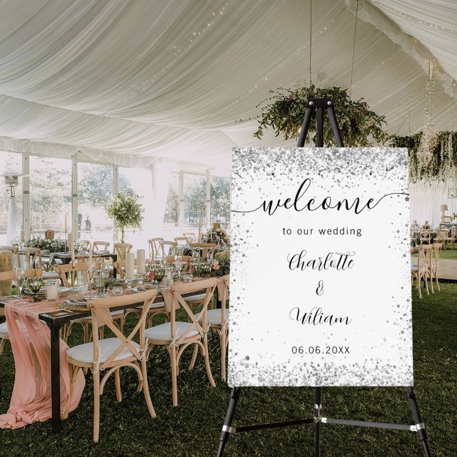 Wedding white silver glitter names script welcome foam board (Creator Uploaded)