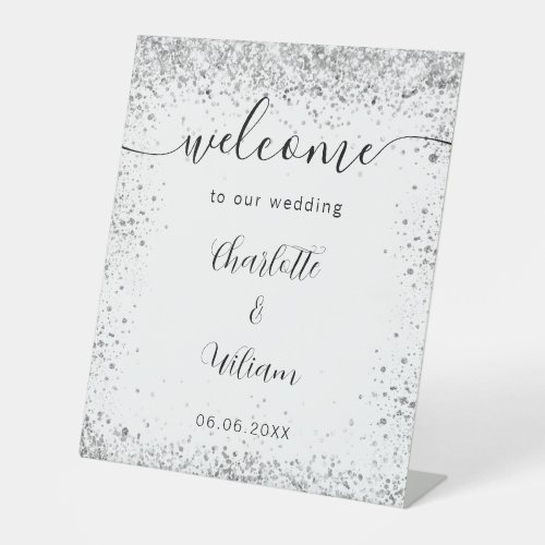 Wedding white silver glitter names script welcome pedestal sign