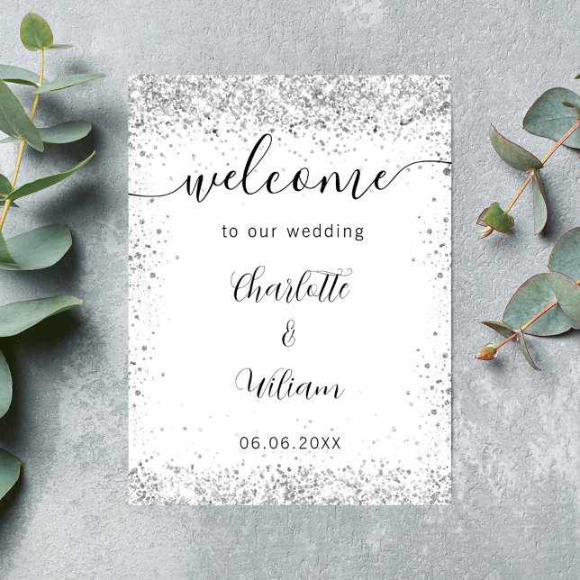 Wedding white silver glitter names script welcome poster (Creator Uploaded)
