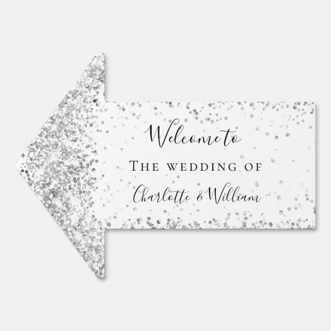 Wedding white silver glitter welcome arrow sign (Front)