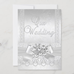 Wedding White Silver Pearl Lace Damask Diamond 2 Invitation