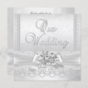 Wedding White Silver Pearl Lace Damask Diamond Invitation