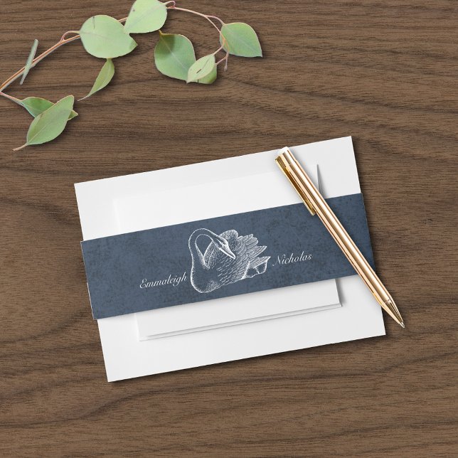 Wedding White Swan Navy Blue Invitation Belly Band (Creator Uploaded)