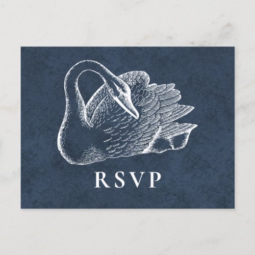 Wedding White Swan Navy Blue RSVP Invitation Postcard