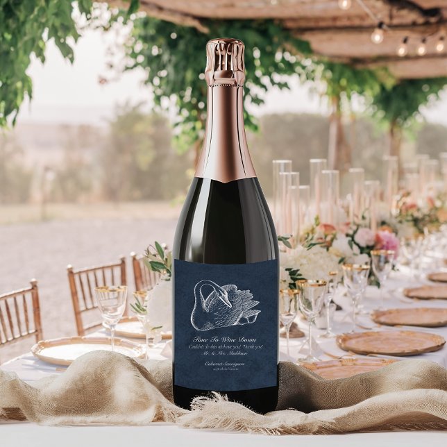 Wedding White Swan Navy Blue Tail Feather Sparkling Wine Label (Creator Uploaded)