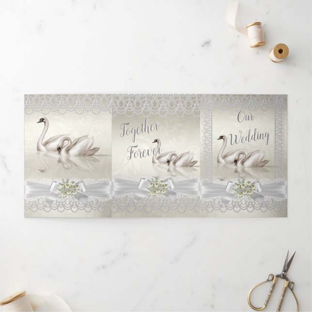 Wedding White Swans Cream Pearl Lace Damask 3 Tri-Fold Invitation (Outside)