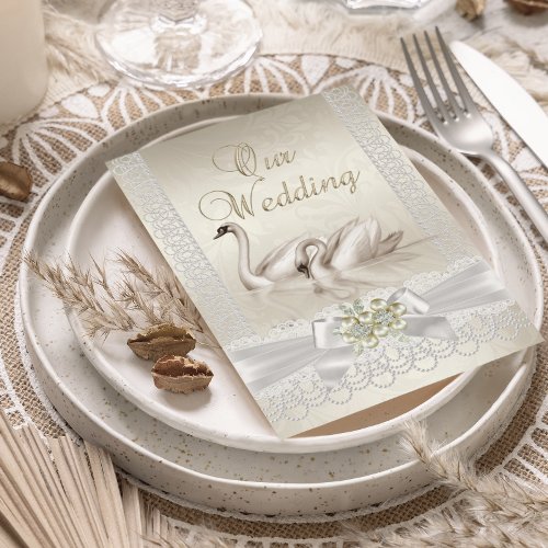 Wedding White Swans Cream Pearl Lace Damask Invitation