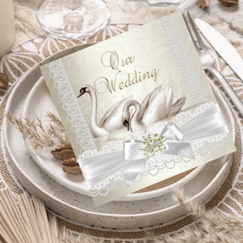 Wedding White Swans Cream Pearl Lace Damask Sq Invitation by Champagne_N_Cupcakes at Zazzle