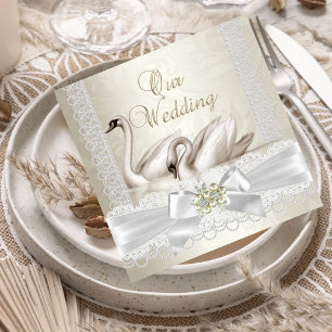 Wedding White Swans Cream Pearl Lace Damask SQ Invitation