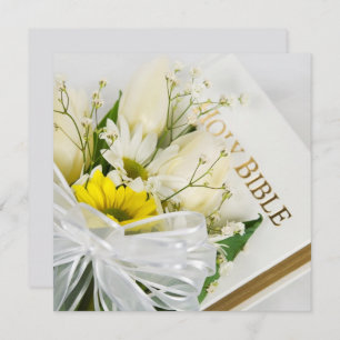 Wedding White Tulips and Daisy On Bible Invitation