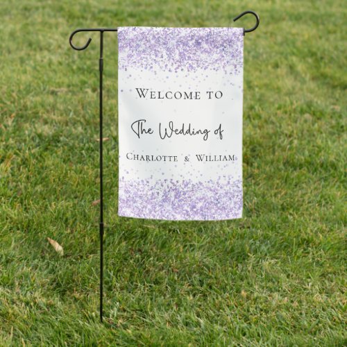 Wedding white violet lavender glitter welcome garden flag