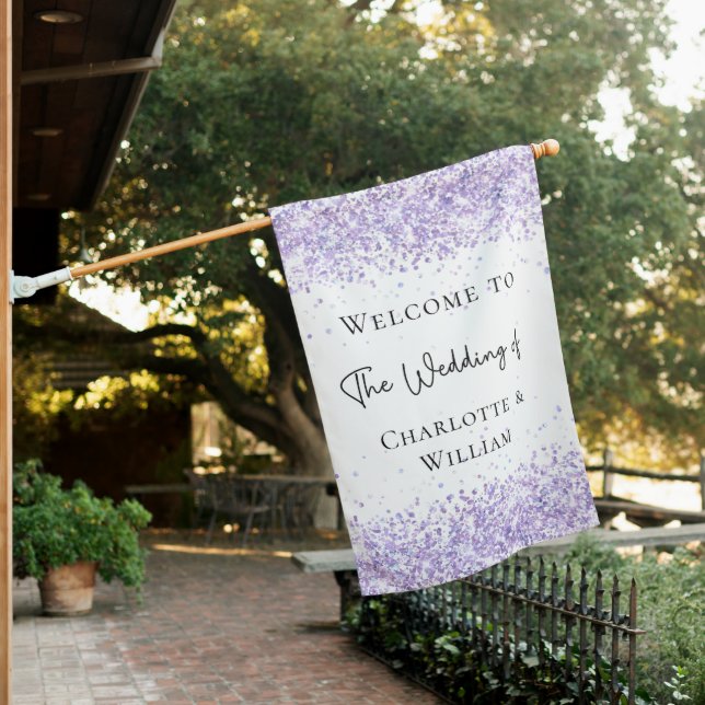 Wedding white violet lavender glitter welcome house flag (In SItu)