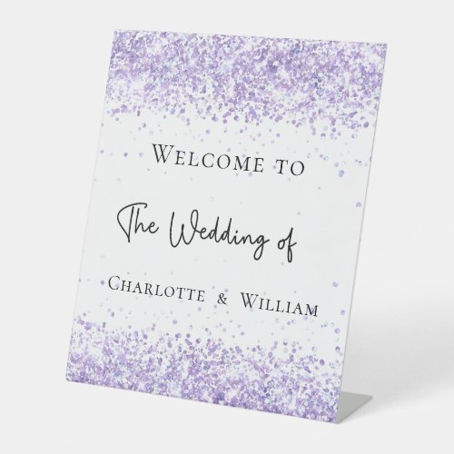 Wedding white violet lavender glitter welcome pedestal sign