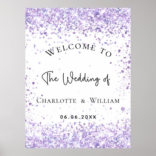 Wedding white violet lavender glitter welcome poster