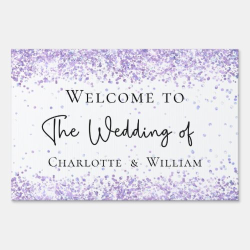 Wedding white violet lavender glitter welcome sign