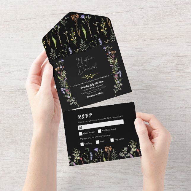 Wedding Wildflower Floral Dark Invite & RSVP (Tearaway)