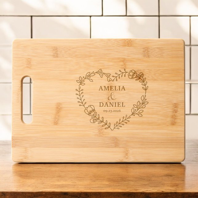 Wedding Wildflower Floral Heart Monogram Engraved Cutting Board (Creator Uploaded)
