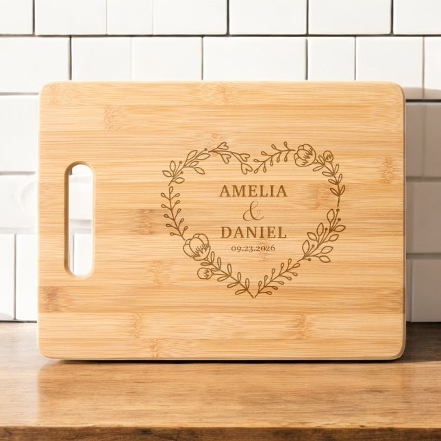 Wedding Wildflower Floral Heart Monogram Engraved Cutting Board (Creator Uploaded)