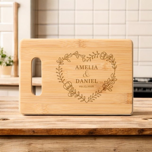 Wedding Wildflower Floral Heart Monogram Engraved Cutting Board (Creator Uploaded)