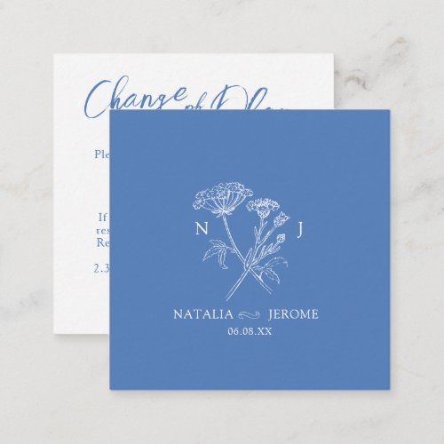 Wedding wildflower monogram blue change of plan note card