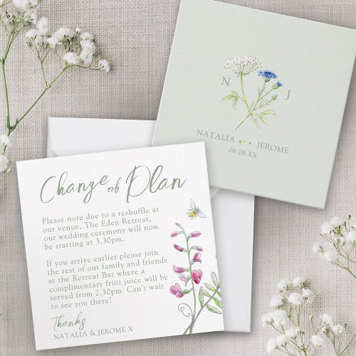 Wedding wildflower monogram change of plan note card