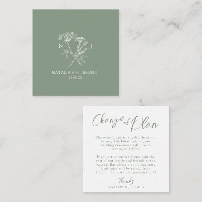 Wedding wildflower monogram green change of plan note card (Front/Back)
