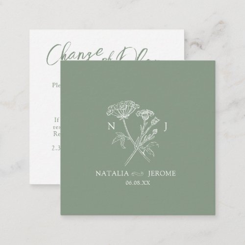 Wedding wildflower monogram green change of plan note card
