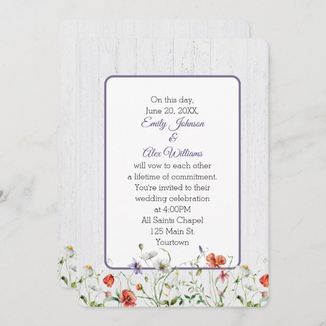 Wedding Wildflowers On Whitewashed Wood Invitation (Front/Back)