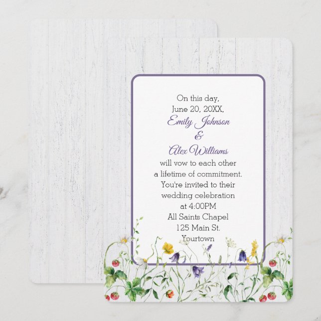 Wedding Wildflowers On Whitewashed Wood Invitation (Front/Back)