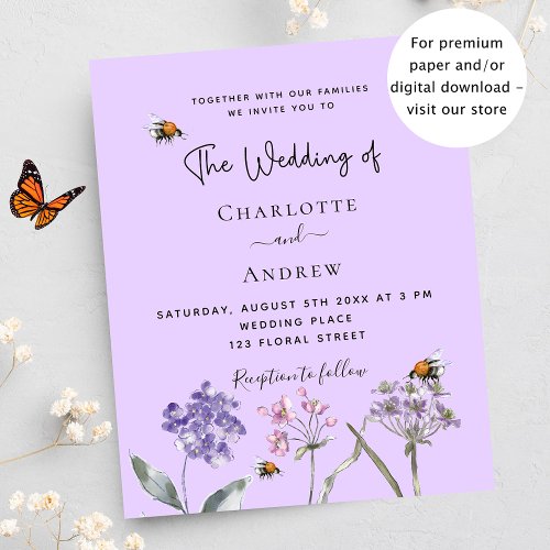 Wedding wildflowers violet bee budget invitation