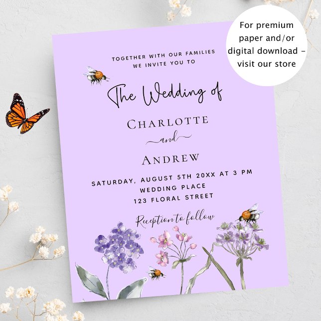 Wedding wildflowers violet bee budget invitation (Creator Uploaded)