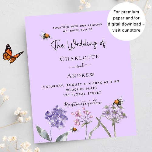 Wedding wildflowers violet bee budget invitation flyer