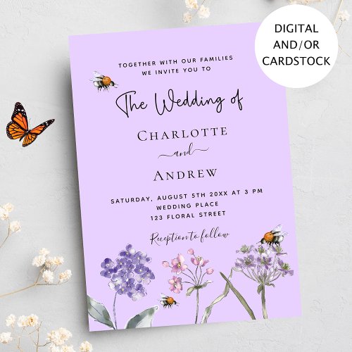 Wedding wildflowers violet pink bee invitation