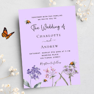 Wedding wildflowers violet pink bee invitation postcard