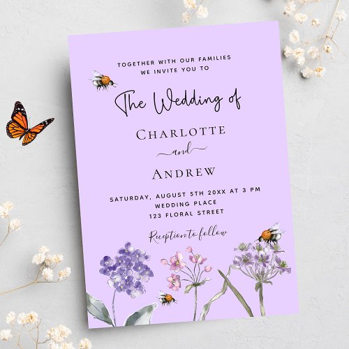 Wedding wildflowers violet pink bee invitation postcard