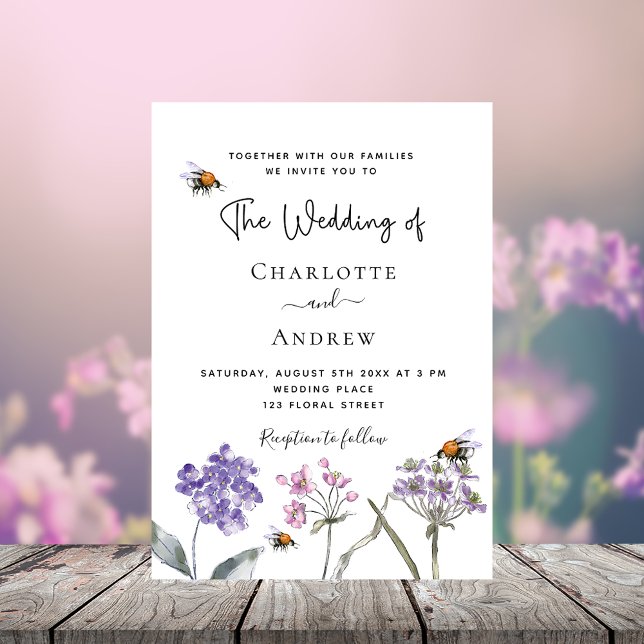 Wedding wildflowers violet pink bee invitation postcard (Creator Uploaded)