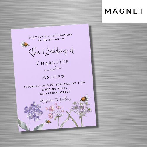 Wedding wildflowers violet pink bee luxury magnetic invitation