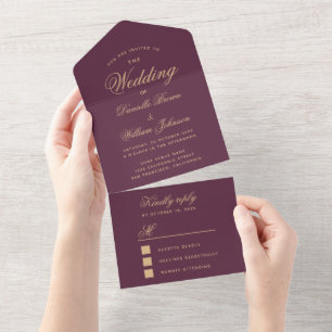 Wedding Wine Color Golden Elegant Script RSVP All In One Invitation