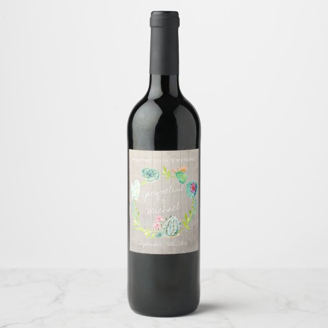 Wedding Wine Desert Cactus Wreath Wood Southwest Wine Label (Front)