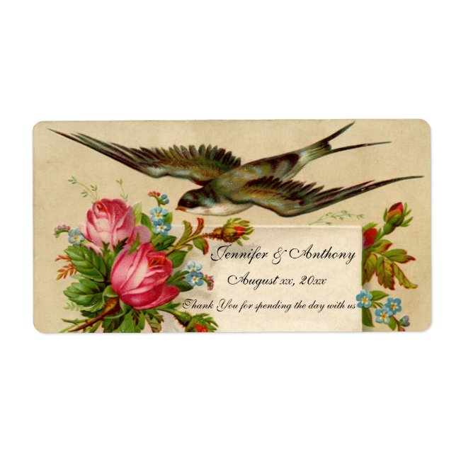 Wedding Wine Label Bluebird & Roses (Front)