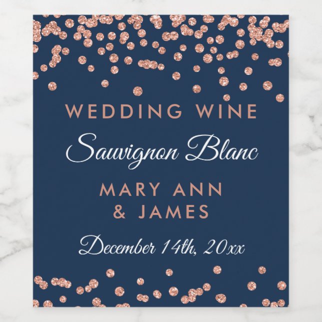 Wedding Wine Label Rose Gold Glitter Confetti Navy (Single Label)