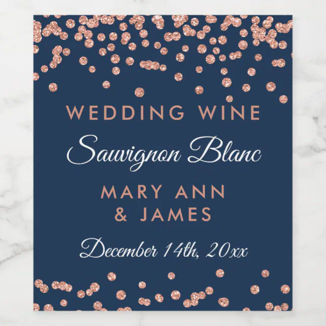 Wedding Wine Label Rose Gold Glitter Confetti Navy Zazzle