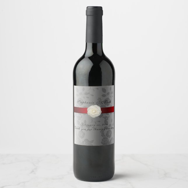 Wedding Wine Label with Red Ribbon on Silver (Front)